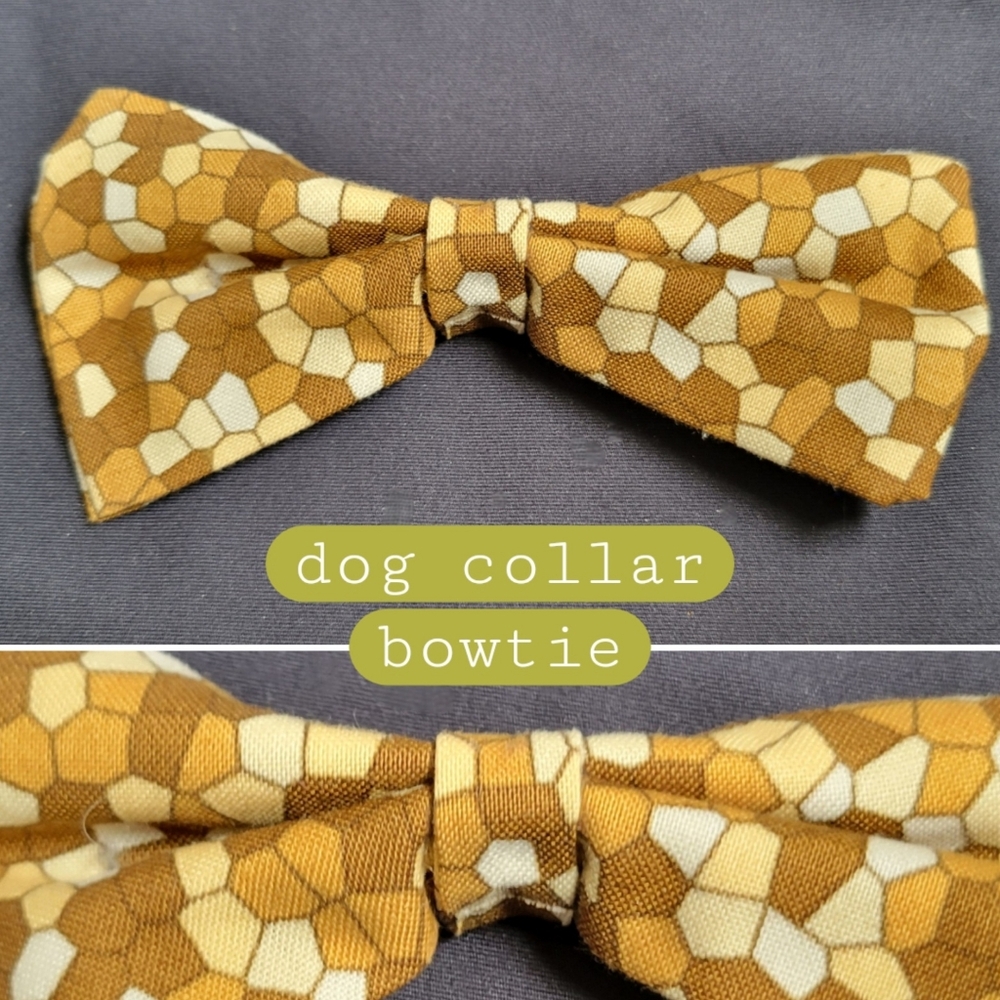 Dog collar 4.5" bowtie geometric honeycomb mustard yellow, brown, white pattern